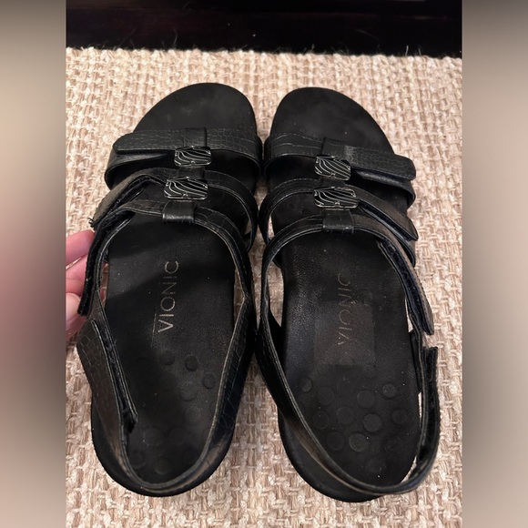 Vionic AMBER Black Strappy Slingback Leather Sandals Size 10 Cushioned Velcro - Picture 4 of 7
